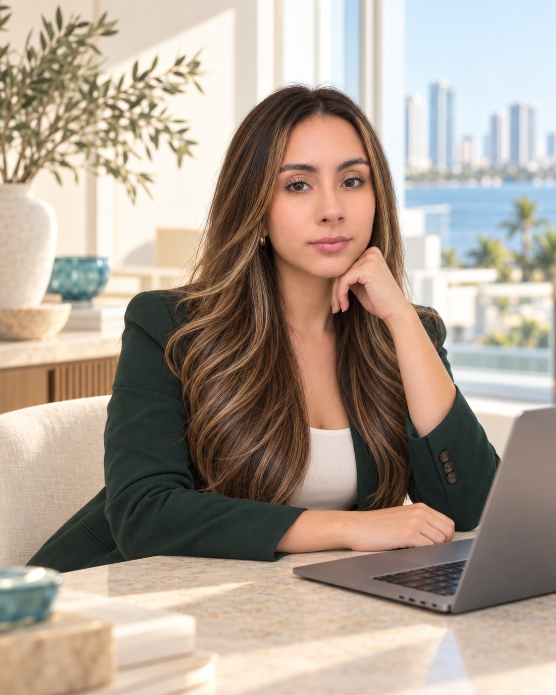 Carolina González, fundadora de GT Ventures Digital, en su escritorio frente a la bahía de Miami