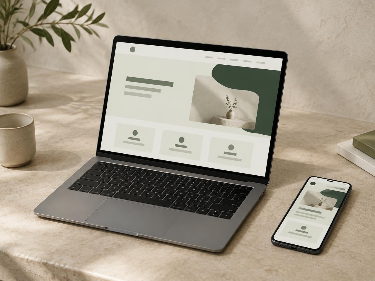 Laptop y teléfono mostrando una página web moderna